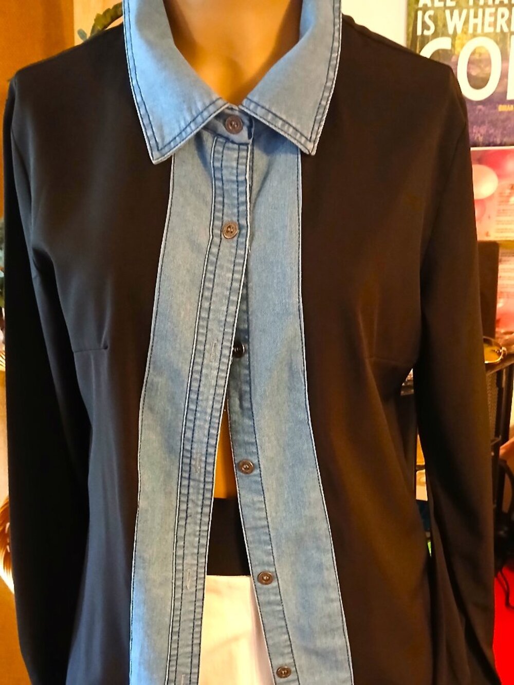 Denim Collar & Lapel Black Blouse